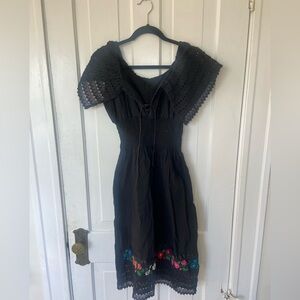 Mexican Black Dress with Floral Accents